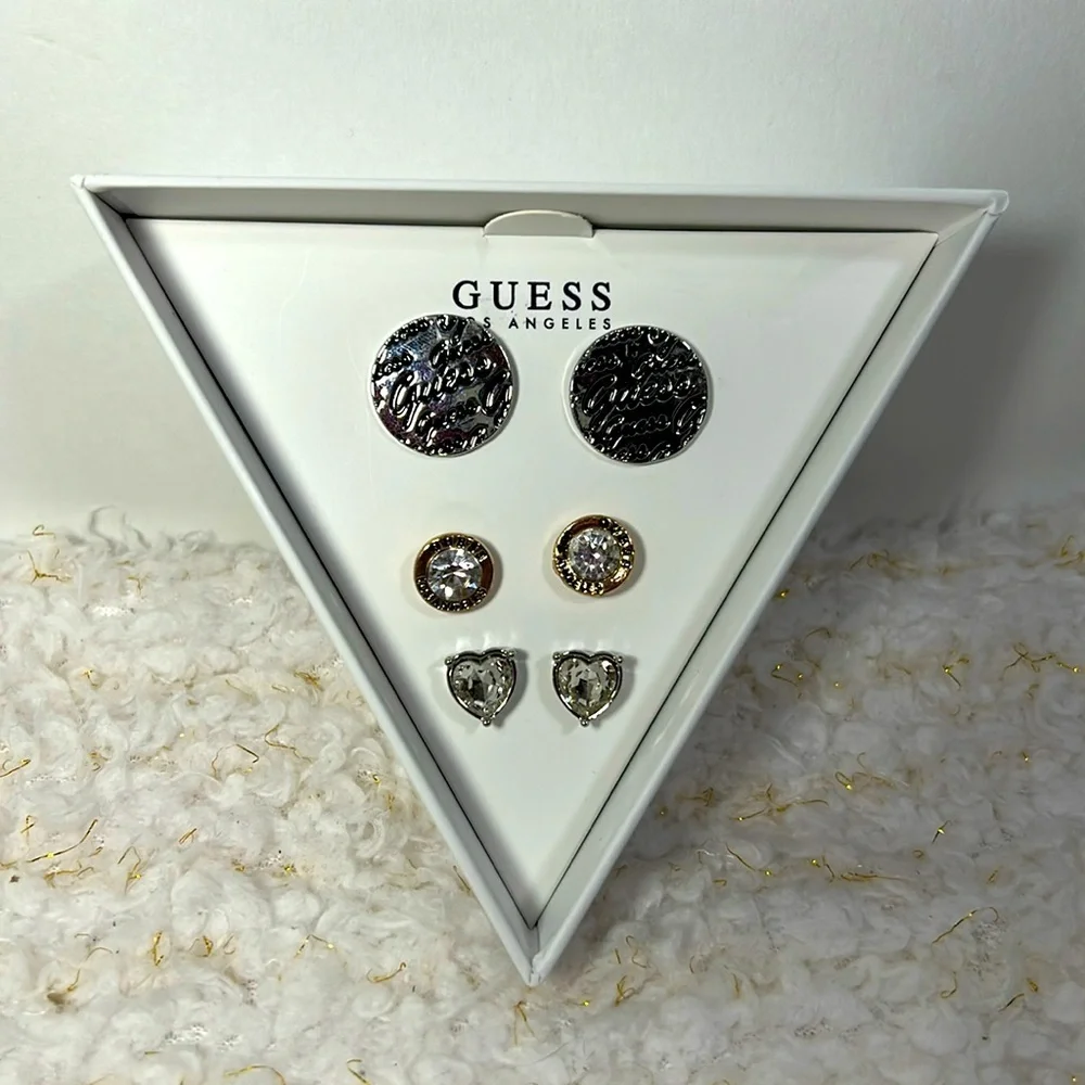 GUESS Los Angeles Silver‎ Gold Tone Crystal Heart Logo Stud Earring Set 3 Pairs
